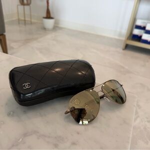 CHANEL Black Quilted Case with Gold Aviator Sunglasses
